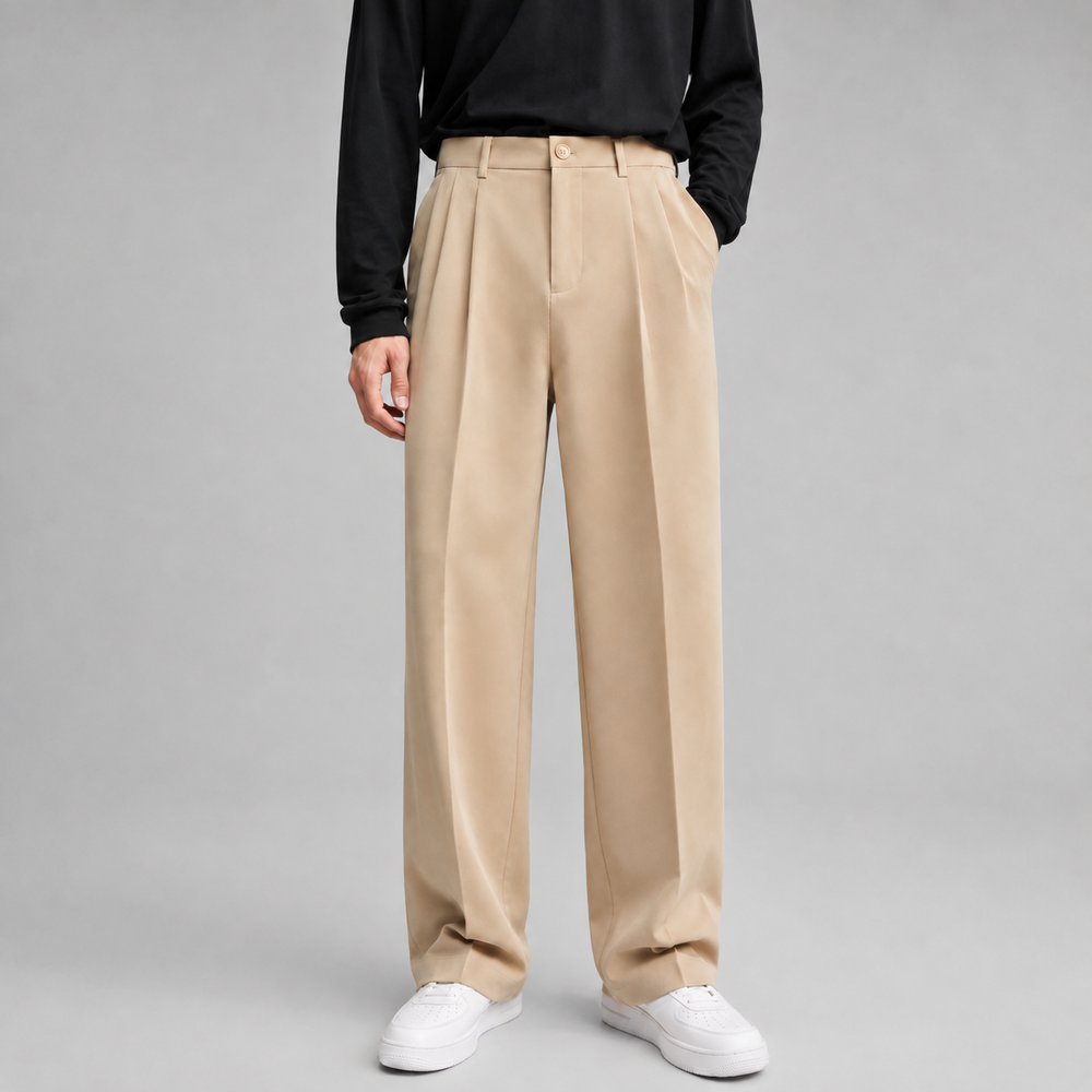Men’s Beige Pleated Wide-Leg Trousers – Relaxed Tailored Fit