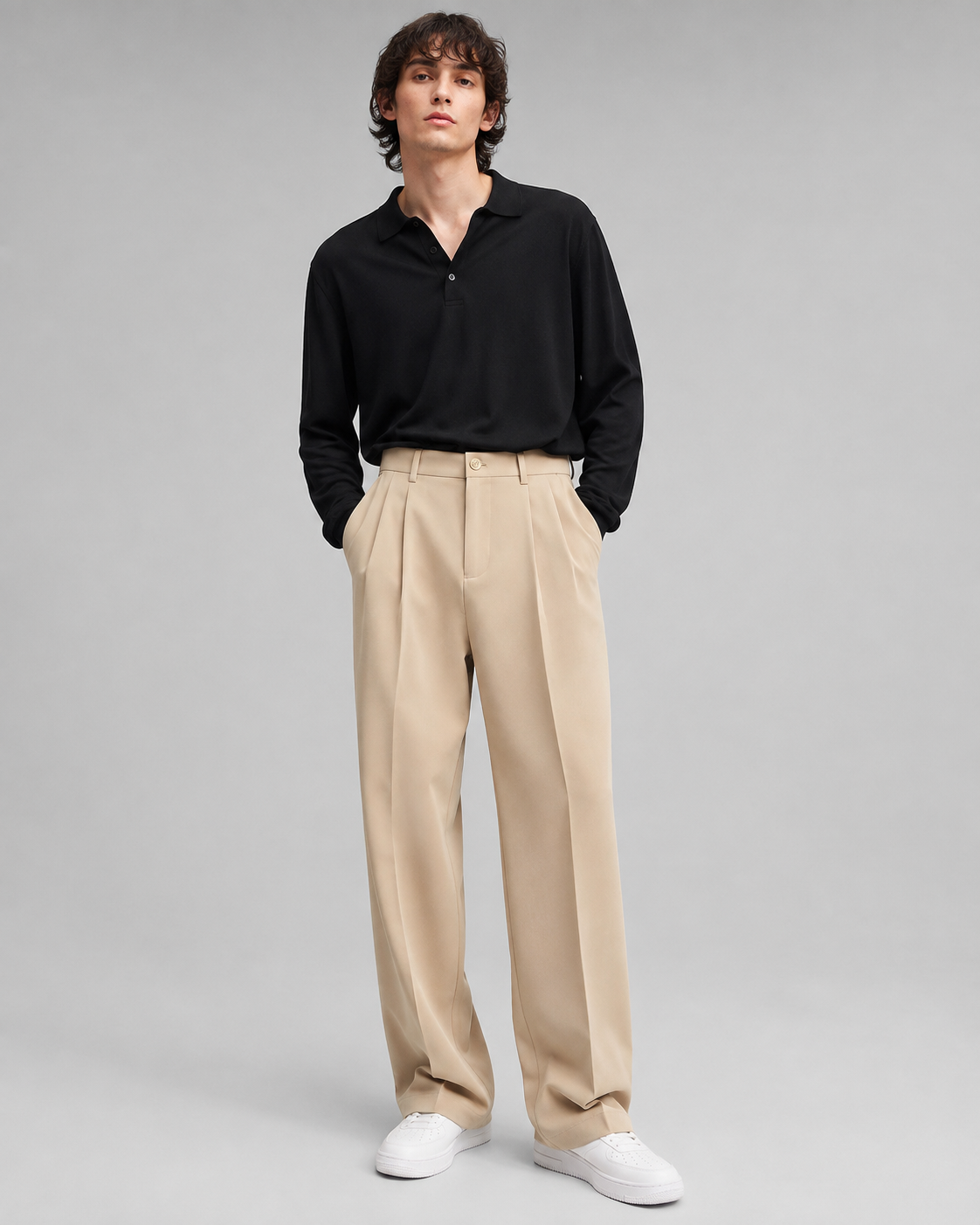 Men’s Beige Pleated Wide-Leg Trousers – Relaxed Tailored Fit