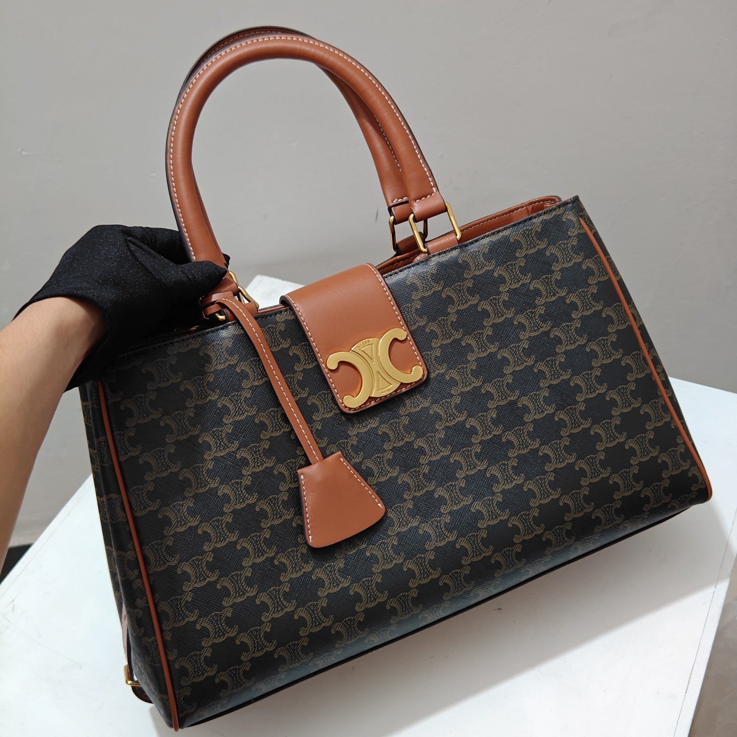 Classic Tri-Pattern Top Handle Tote – Brown