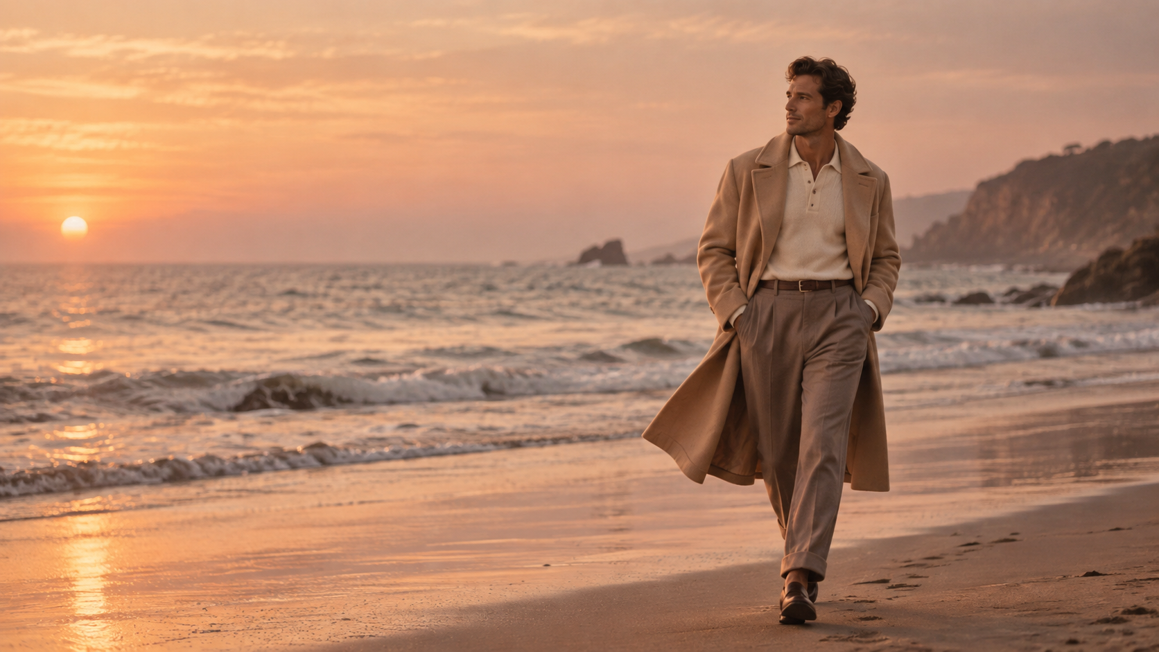 Bellave coastal campaign: a man in a camel coat walking along the beach at sunset
